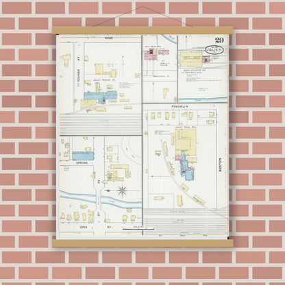 Old map wall art mockup — magnetic wood frame on brick wall — Sanborn Fire Insurance Map from Joliet, Will County, Illinois (1891), Sheet #0029