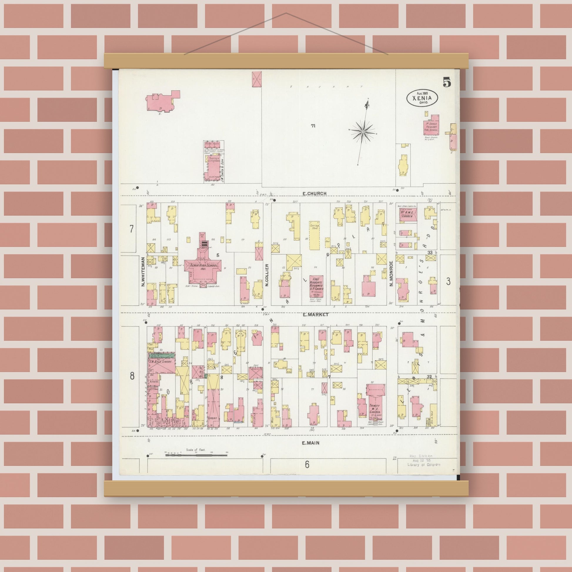 Old map wall art mockup — magnetic wood frame on brick wall — Sanborn Fire Insurance Map from Xenia, Greene County, Ohio (1901), Sheet #0005