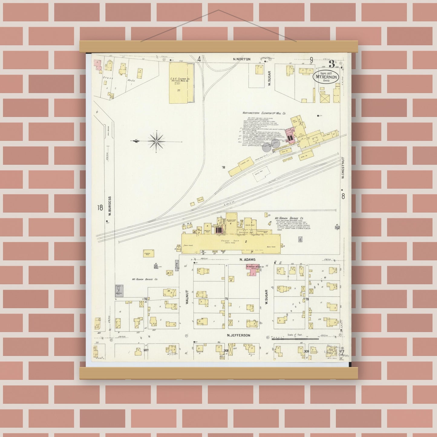 Old map wall art mockup — magnetic wood frame on brick wall — Sanborn Fire Insurance Map from Mount Vernon, Knox County, Ohio (1907), Sheet #0003