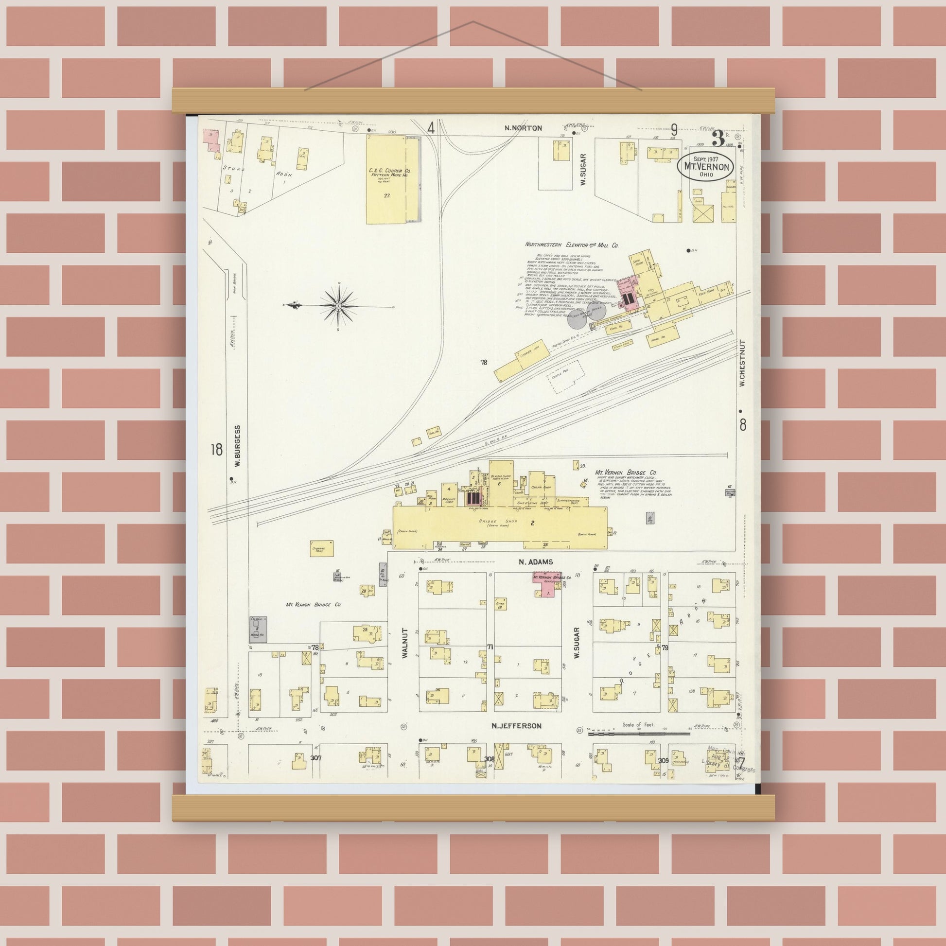 Old map wall art mockup — magnetic wood frame on brick wall — Sanborn Fire Insurance Map from Mount Vernon, Knox County, Ohio (1907), Sheet #0003