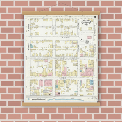 Old map wall art mockup — magnetic wood frame on brick wall — Sanborn Fire Insurance Map from Philipsburg, Centre County, Pennsylvania (1892), Sheet #0003
