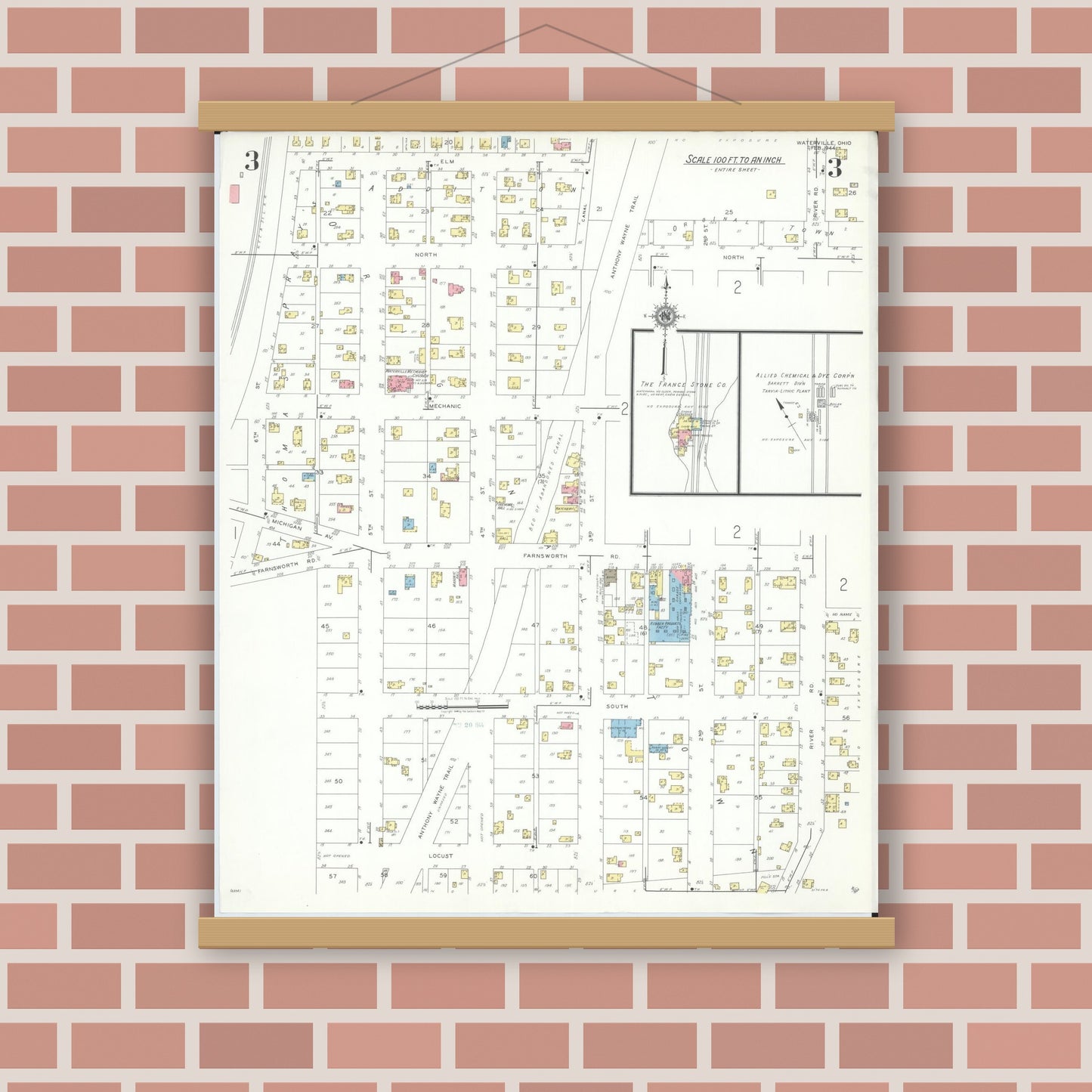 Old map wall art mockup — magnetic wood frame on brick wall — Sanborn Fire Insurance Map from Waterville, Lucas County, Ohio (1944), Sheet #0003