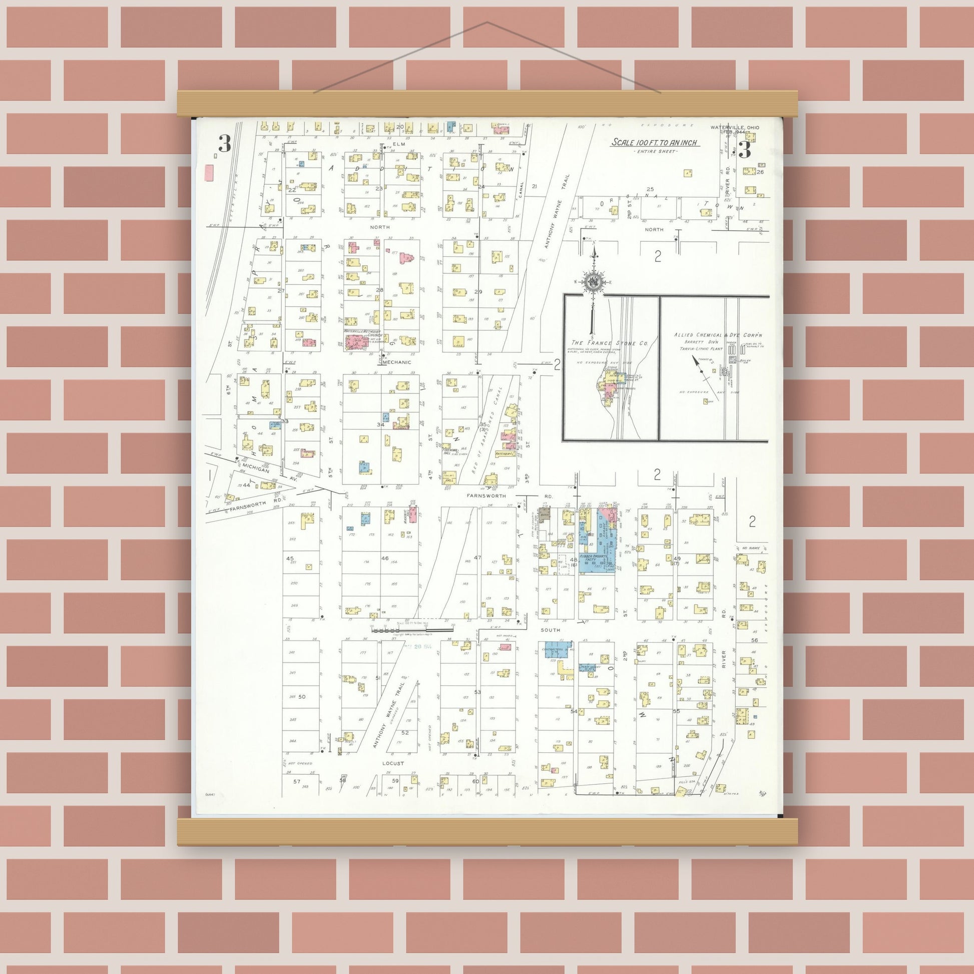 Old map wall art mockup — magnetic wood frame on brick wall — Sanborn Fire Insurance Map from Waterville, Lucas County, Ohio (1944), Sheet #0003