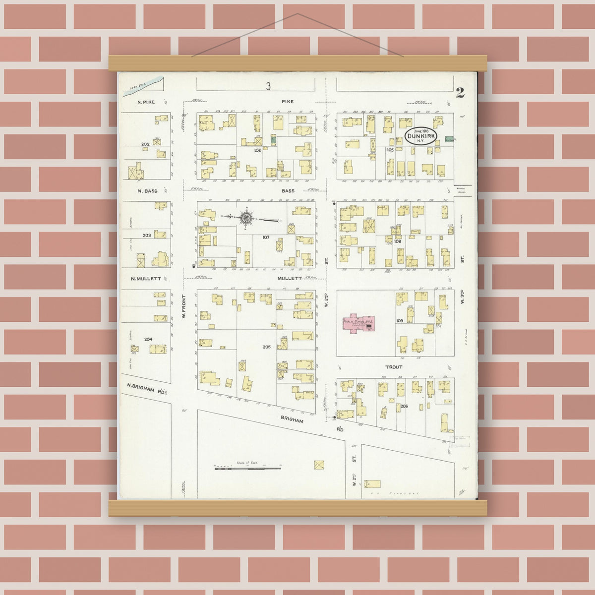 Old map wall art mockup — magnetic wood frame on brick wall — Sanborn Fire Insurance Map from Dunkirk, Chautauqua County, New York (1910) - Complete Map Set