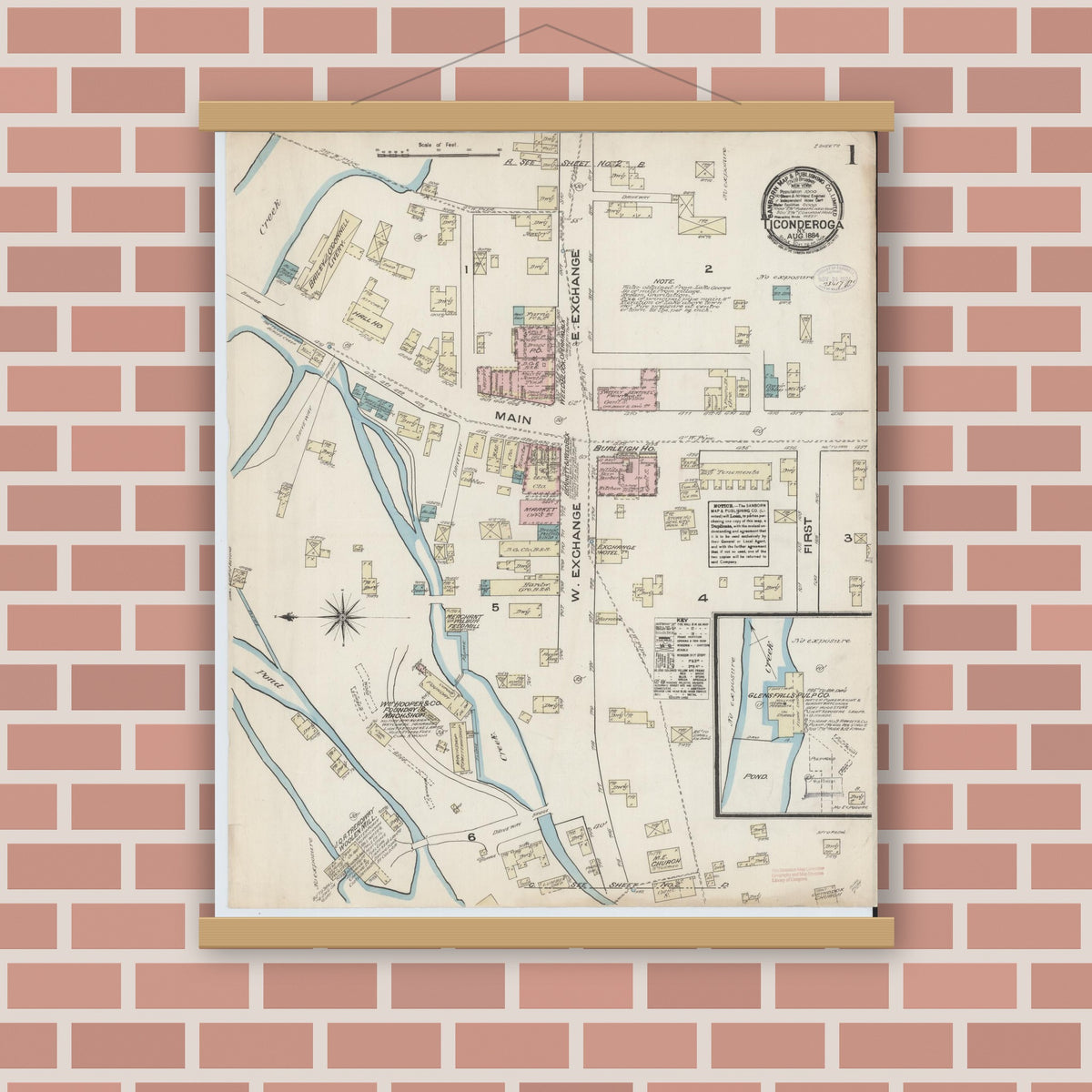 Old map wall art mockup — magnetic wood frame on brick wall — Sanborn Fire Insurance Map from Ticonderoga, Essex County, New York (1884), Sheet #0001