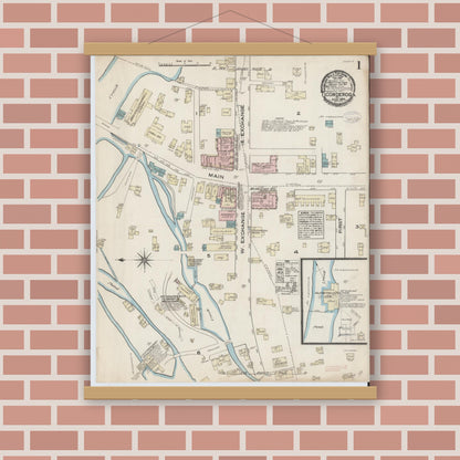 Old map wall art mockup — magnetic wood frame on brick wall — Sanborn Fire Insurance Map from Ticonderoga, Essex County, New York (1884), Sheet #0001