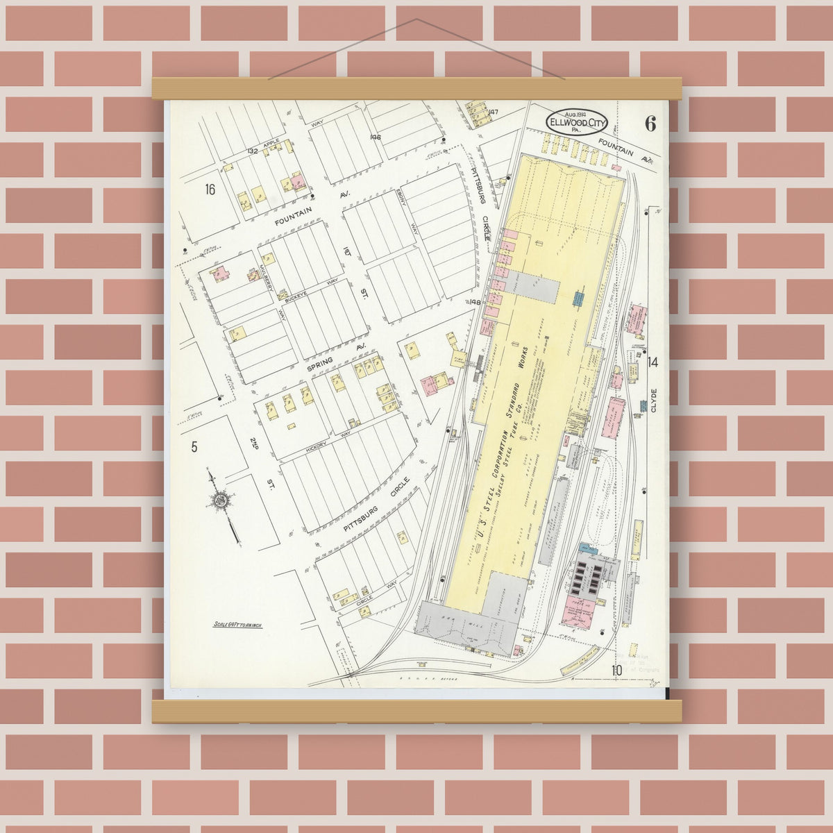 Old map wall art mockup — magnetic wood frame on brick wall — Sanborn Fire Insurance Map from Ellwood City, Lawrence County, Pennsylvania (1914), Sheet #0006