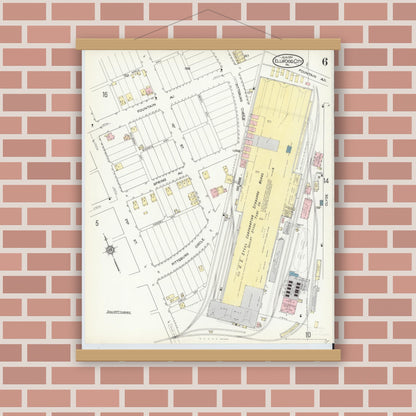 Old map wall art mockup — magnetic wood frame on brick wall — Sanborn Fire Insurance Map from Ellwood City, Lawrence County, Pennsylvania (1914), Sheet #0006