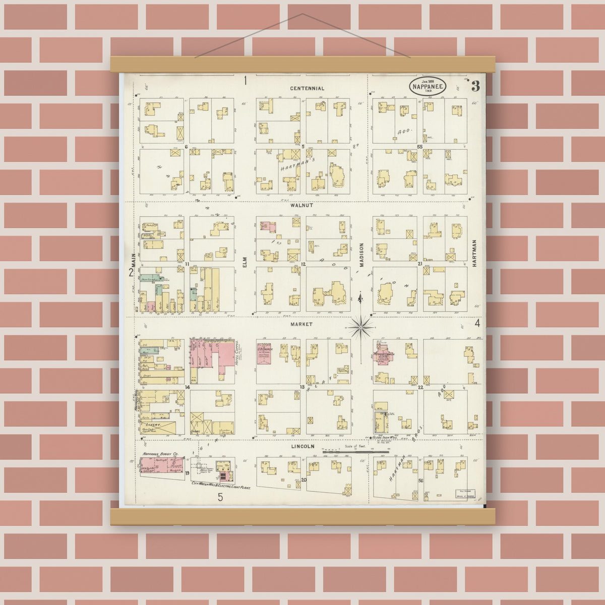 Old map wall art mockup — magnetic wood frame on brick wall — Sanborn Fire Insurance Map from Nappanee, Elkhart County, Indiana (1898), Sheet #0003