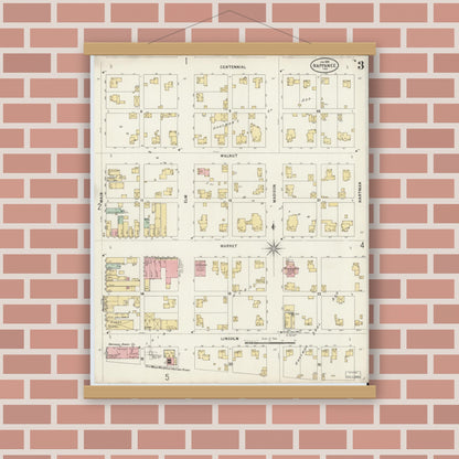 Old map wall art mockup — magnetic wood frame on brick wall — Sanborn Fire Insurance Map from Nappanee, Elkhart County, Indiana (1898), Sheet #0003