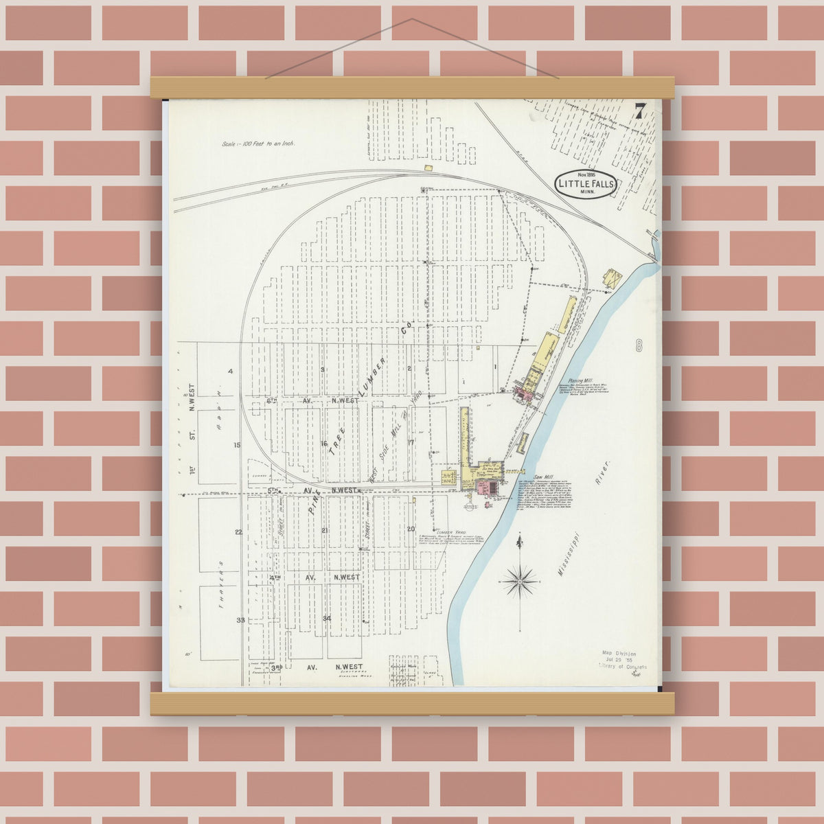 Old map wall art mockup — magnetic wood frame on brick wall — Sanborn Fire Insurance Map from Little Falls, Morrison County, Minnesota (1895), Sheet #0007