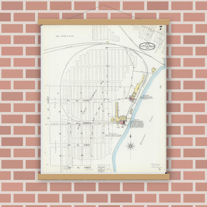 Old map wall art mockup — magnetic wood frame on brick wall — Sanborn Fire Insurance Map from Little Falls, Morrison County, Minnesota (1895), Sheet #0007