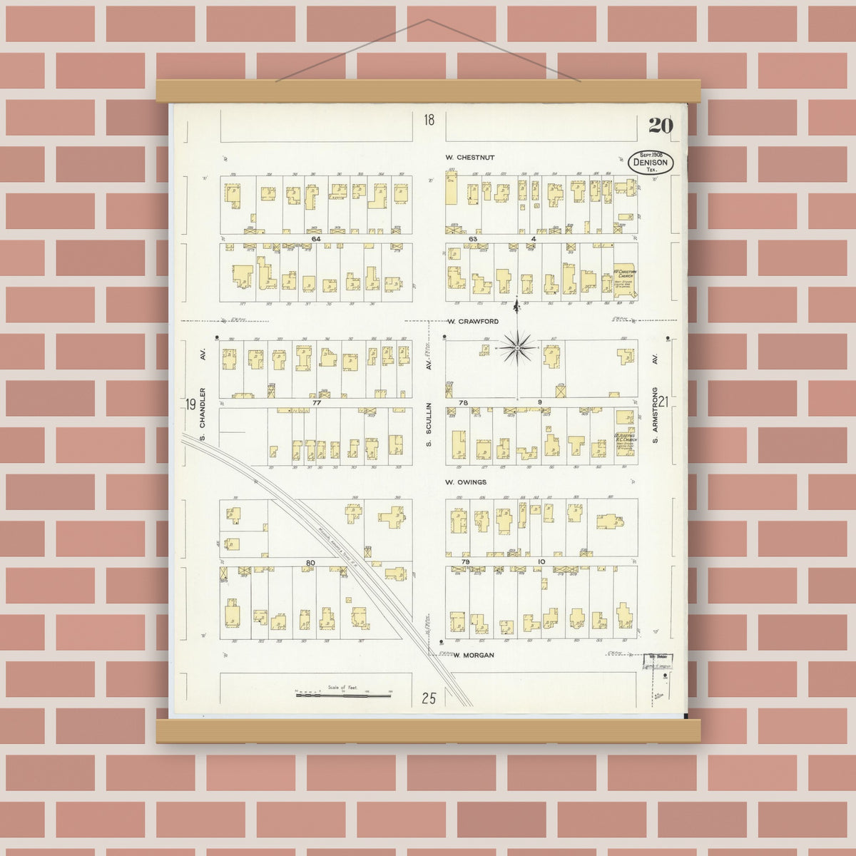 Old map wall art mockup — magnetic wood frame on brick wall — Sanborn Fire Insurance Map from Denison, Grayson County, Texas (1908), Sheet #0020