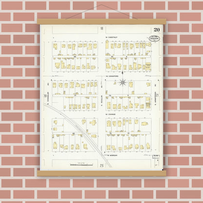 Old map wall art mockup — magnetic wood frame on brick wall — Sanborn Fire Insurance Map from Denison, Grayson County, Texas (1908), Sheet #0020