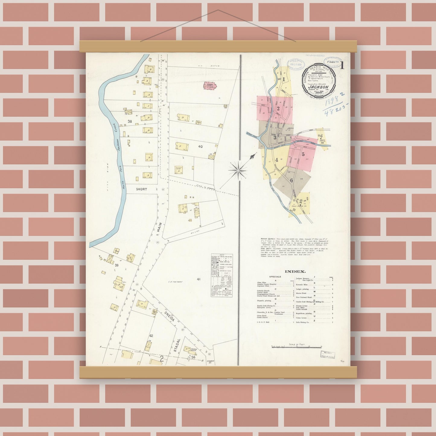 Old map wall art mockup — magnetic wood frame on brick wall — Sanborn Fire Insurance Map from Jackson, Amador County, California (1898), Sheet #0001