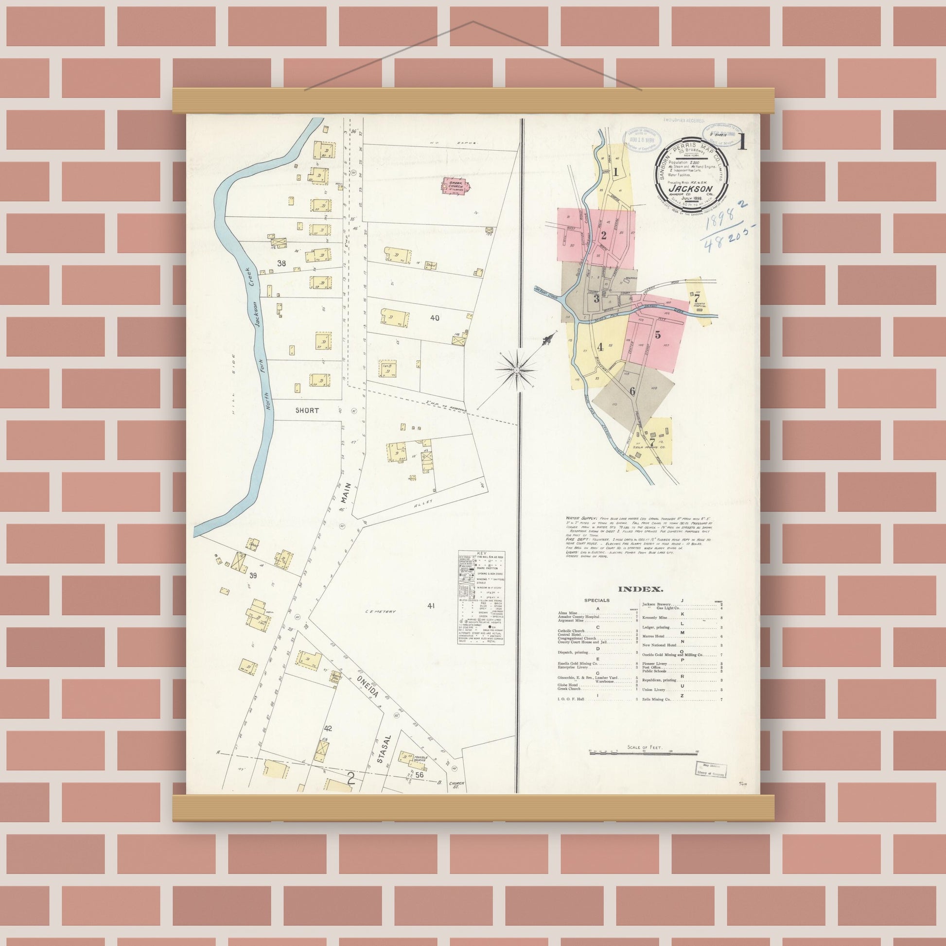 Old map wall art mockup — magnetic wood frame on brick wall — Sanborn Fire Insurance Map from Jackson, Amador County, California (1898), Sheet #0001