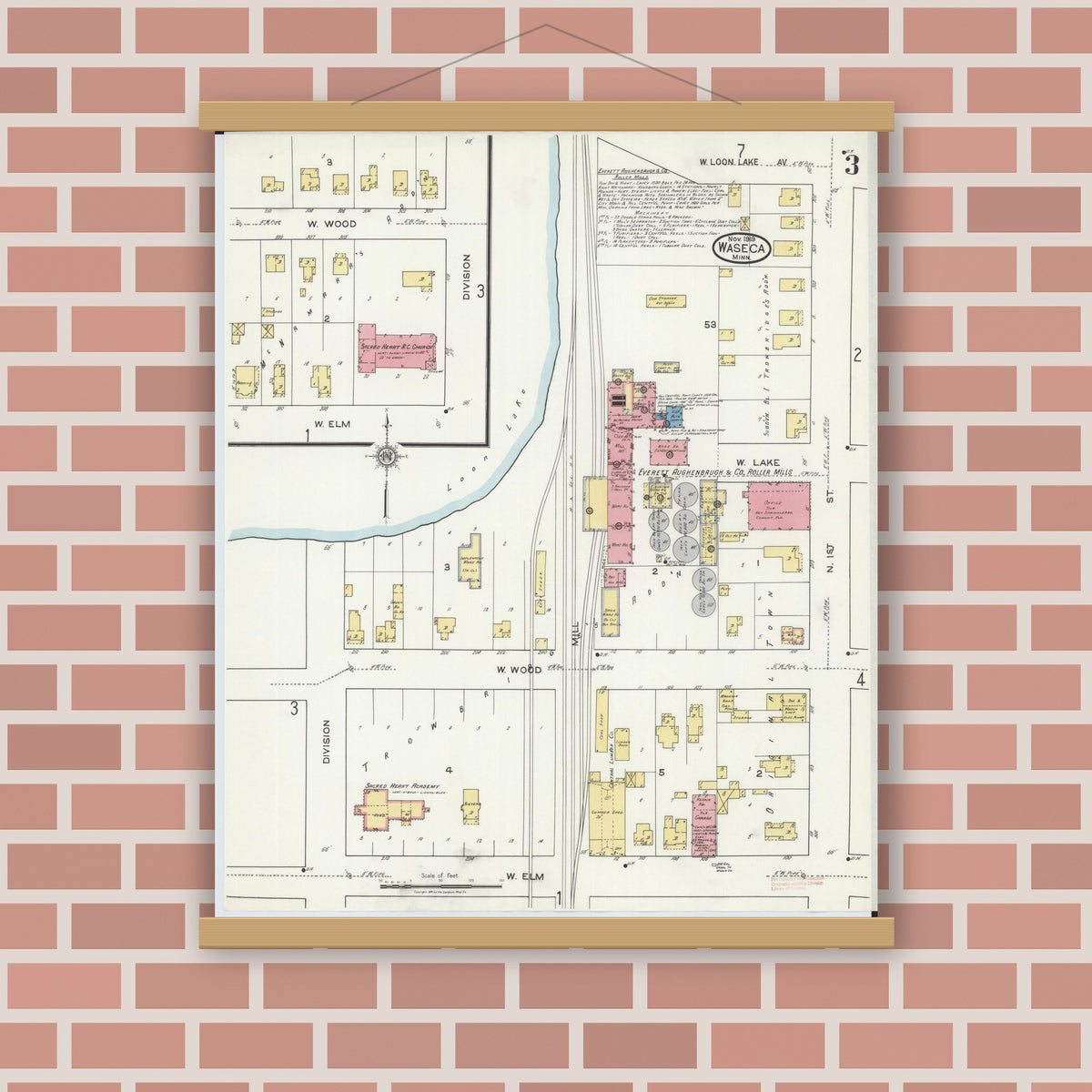 Old map wall art mockup — magnetic wood frame on brick wall — Sanborn Fire Insurance Map from Waseca, Waseca County, Minnesota (1919), Sheet #0003