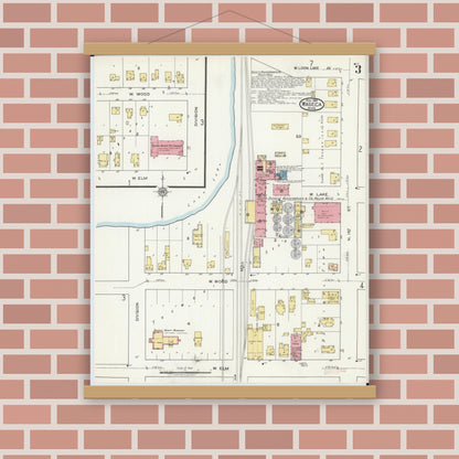Old map wall art mockup — magnetic wood frame on brick wall — Sanborn Fire Insurance Map from Waseca, Waseca County, Minnesota (1919), Sheet #0003