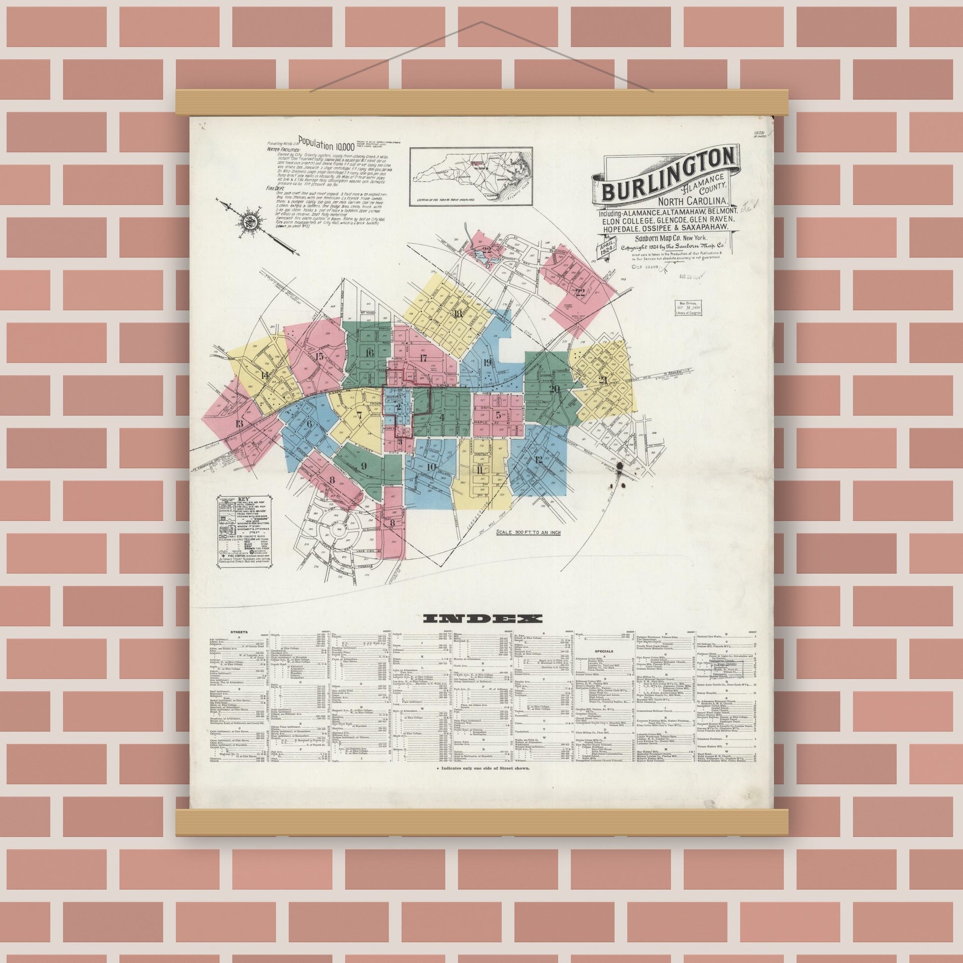 Old map wall art mockup — magnetic wood frame on brick wall — Sanborn Fire Insurance Map from Burlington, Alamance County, North Carolina (1924) - Complete Map Set