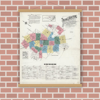 Old map wall art mockup — magnetic wood frame on brick wall — Sanborn Fire Insurance Map from Burlington, Alamance County, North Carolina (1924) - Complete Map Set