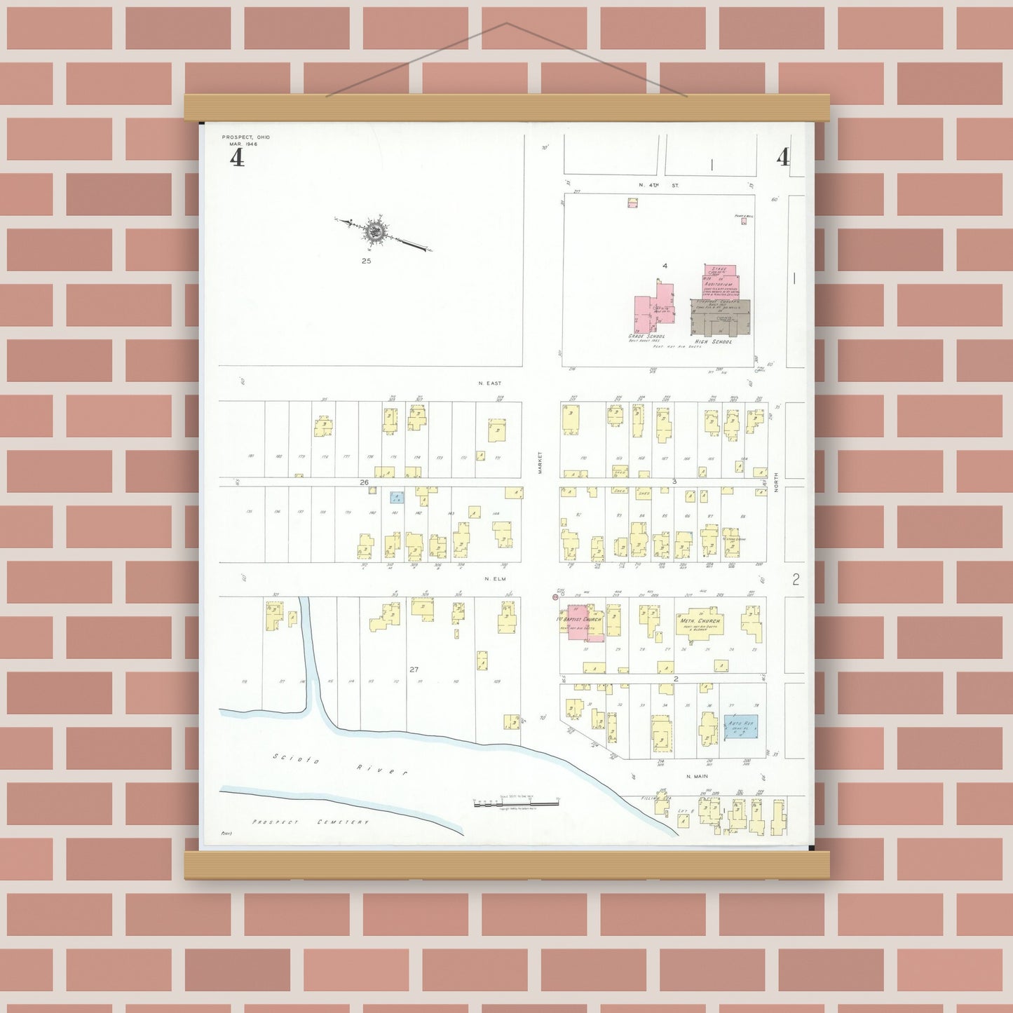 Old map wall art mockup — magnetic wood frame on brick wall — Sanborn Fire Insurance Map from Prospect, Marion County, Ohio (1946), Sheet #0004
