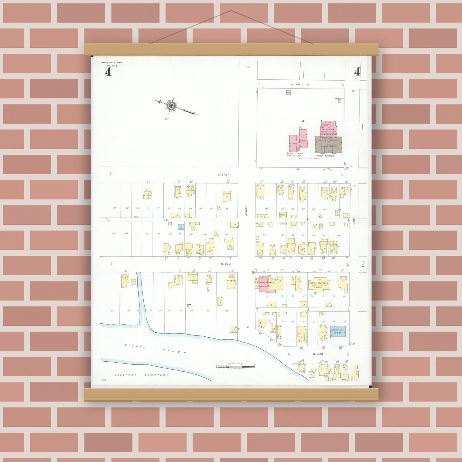 Old map wall art mockup — magnetic wood frame on brick wall — Sanborn Fire Insurance Map from Prospect, Marion County, Ohio (1946), Sheet #0004