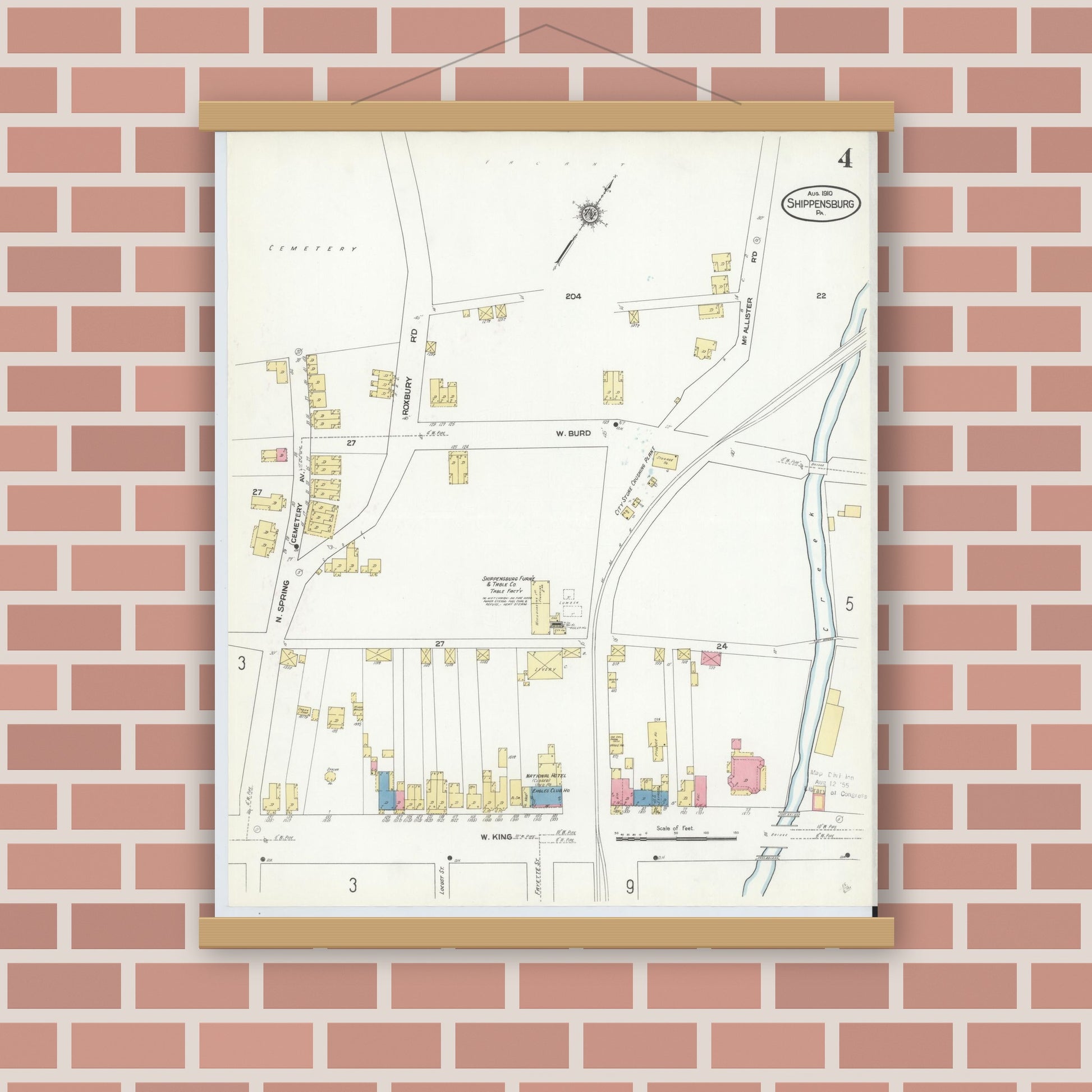 Old map wall art mockup — magnetic wood frame on brick wall — Sanborn Fire Insurance Map from Shippensburg, Cumberland And Franklin Counties, Pennsylvania (1910), Sheet #0004