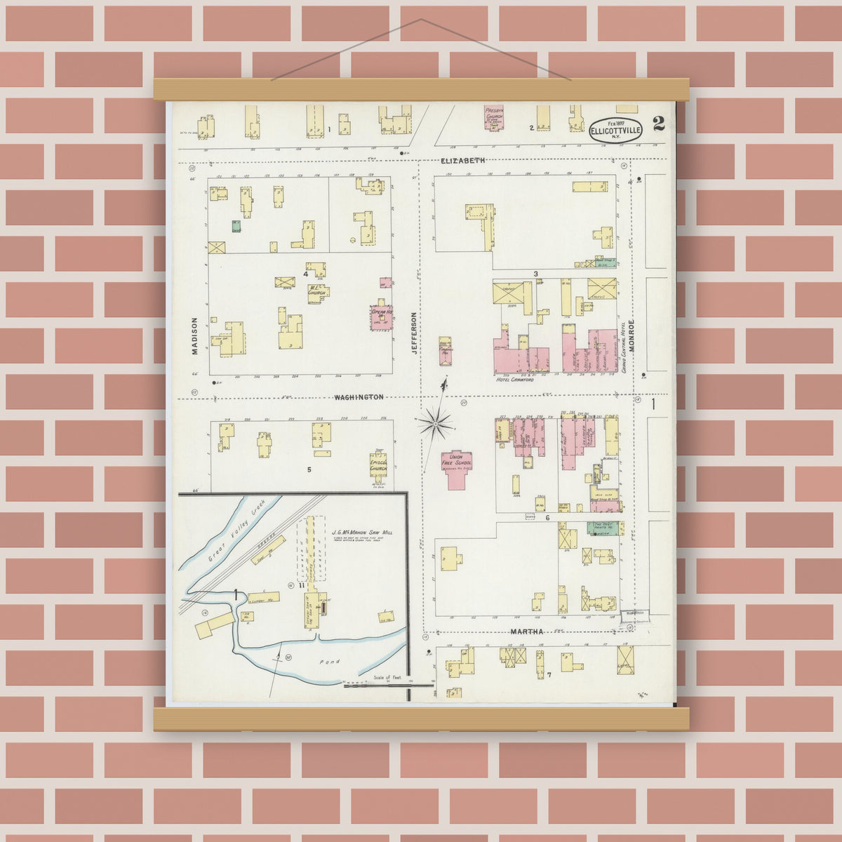 Old map wall art mockup — magnetic wood frame on brick wall — Sanborn Fire Insurance Map from Ellicottville, Cattaraugus County, New York (1897), Sheet #0002