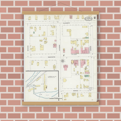 Old map wall art mockup — magnetic wood frame on brick wall — Sanborn Fire Insurance Map from Ellicottville, Cattaraugus County, New York (1897), Sheet #0002