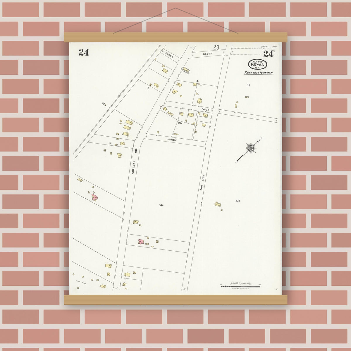 Old map wall art mockup — magnetic wood frame on brick wall — Sanborn Fire Insurance Map from Bryan, Brazos County, Texas (1925), Sheet #0024