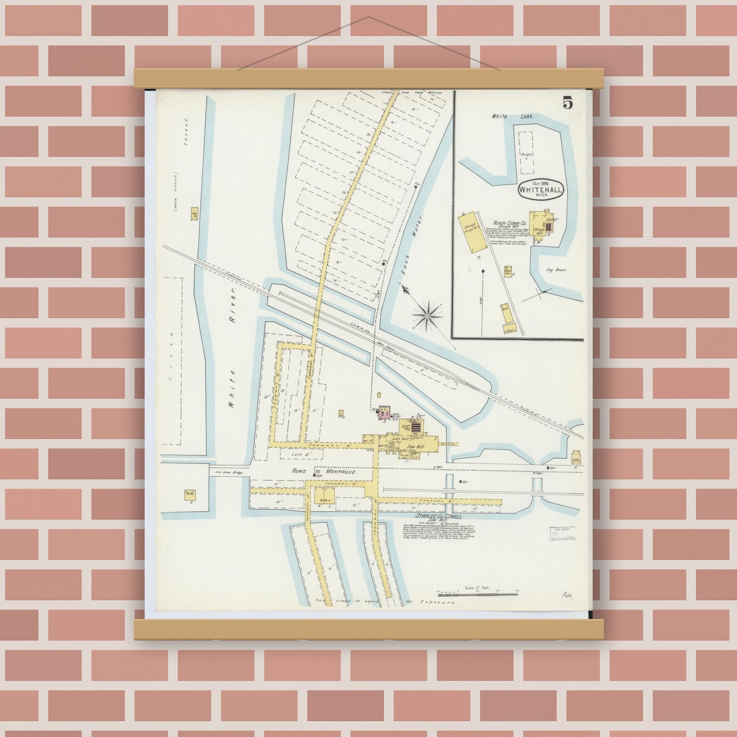Old map wall art mockup — magnetic wood frame on brick wall — Sanborn Fire Insurance Map from Whitehall, Muskegon County, Michigan (1896), Sheet #0005