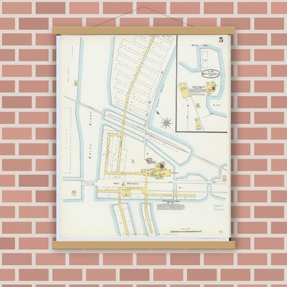 Old map wall art mockup — magnetic wood frame on brick wall — Sanborn Fire Insurance Map from Whitehall, Muskegon County, Michigan (1896), Sheet #0005