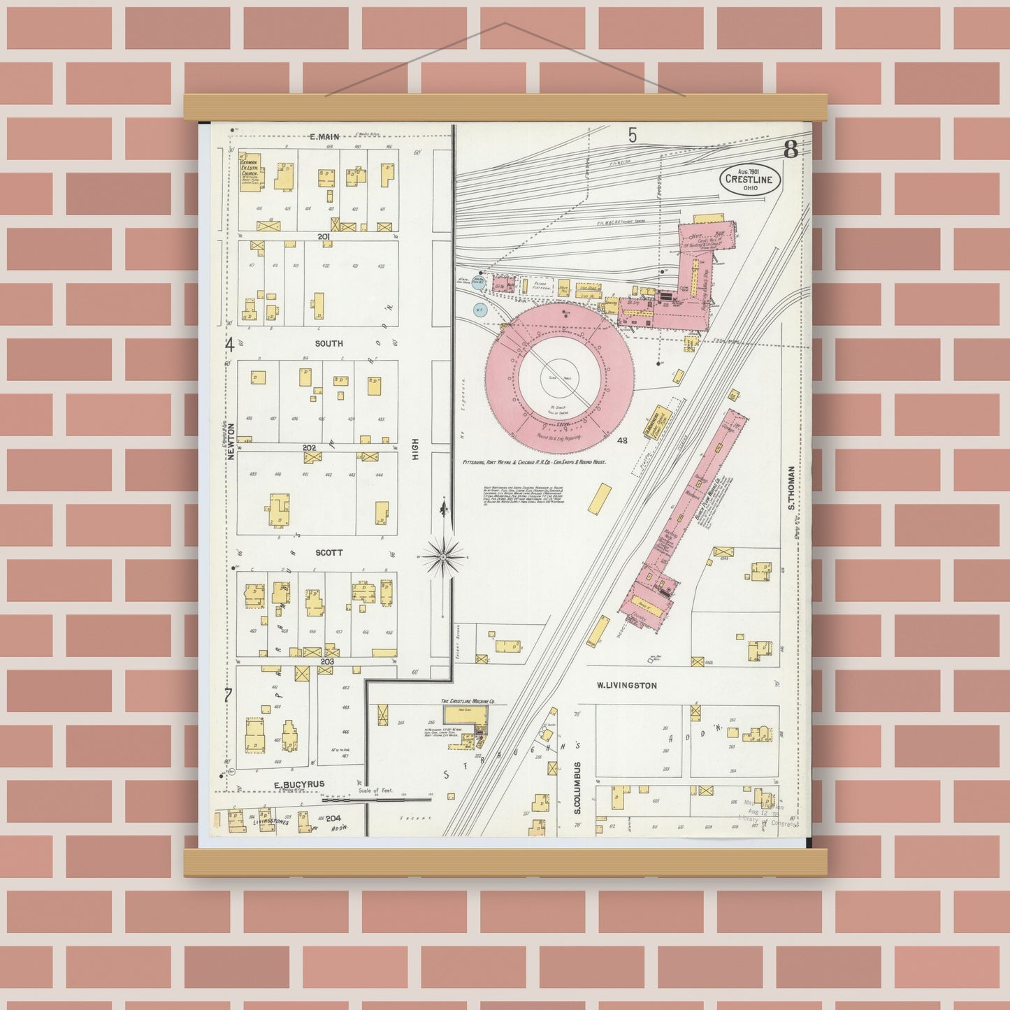 Old map wall art mockup — magnetic wood frame on brick wall — Sanborn Fire Insurance Map from Crestline, Crawford County, Ohio (1901), Sheet #0008