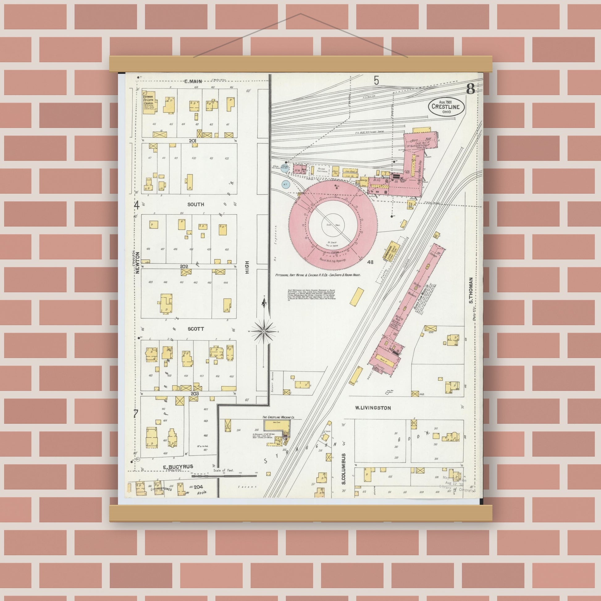 Old map wall art mockup — magnetic wood frame on brick wall — Sanborn Fire Insurance Map from Crestline, Crawford County, Ohio (1901), Sheet #0008