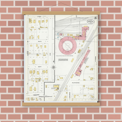 Old map wall art mockup — magnetic wood frame on brick wall — Sanborn Fire Insurance Map from Crestline, Crawford County, Ohio (1901), Sheet #0008