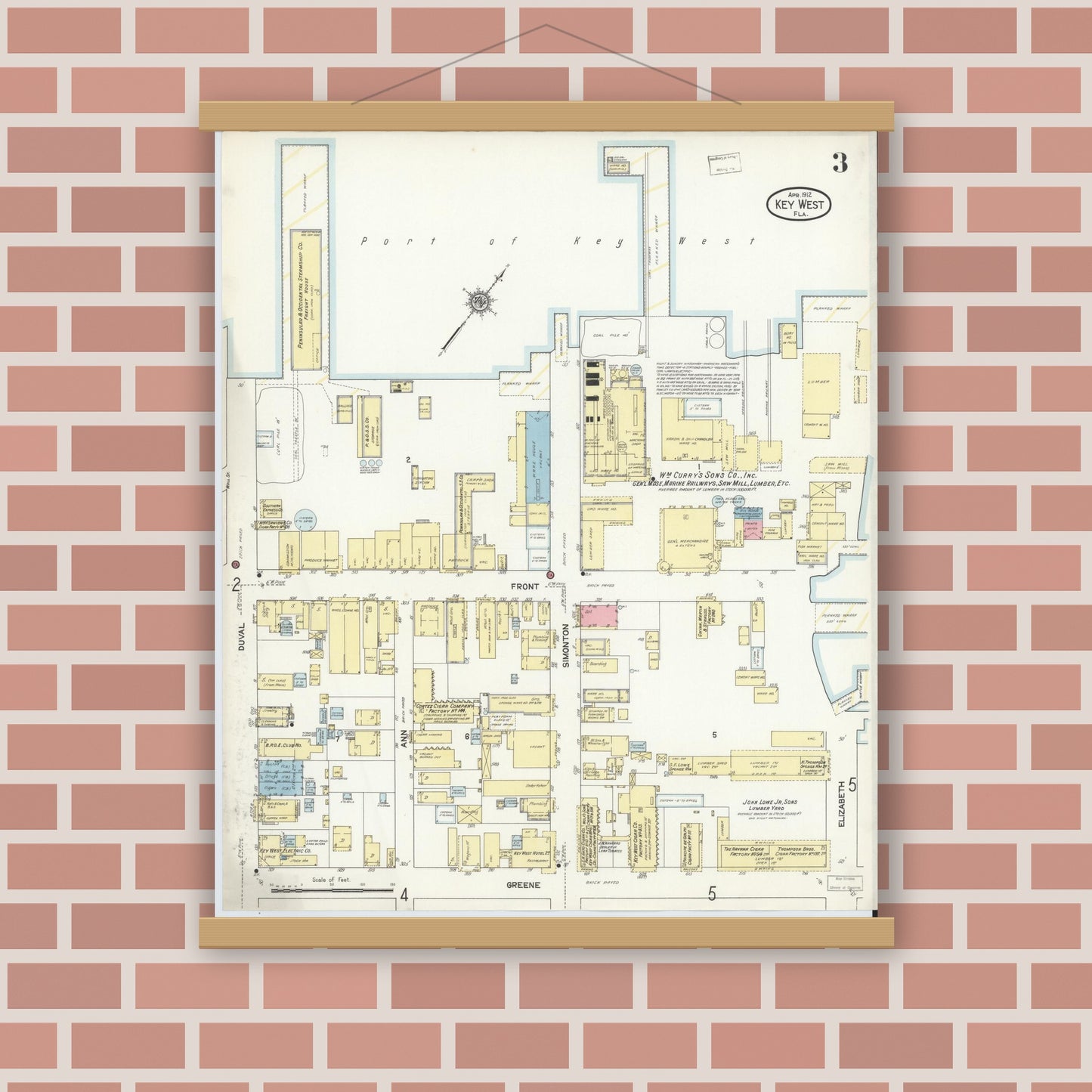 Old map wall art mockup — magnetic wood frame on brick wall — Sanborn Fire Insurance Map from Key West, Monroe County, Florida (1912), Sheet #0003