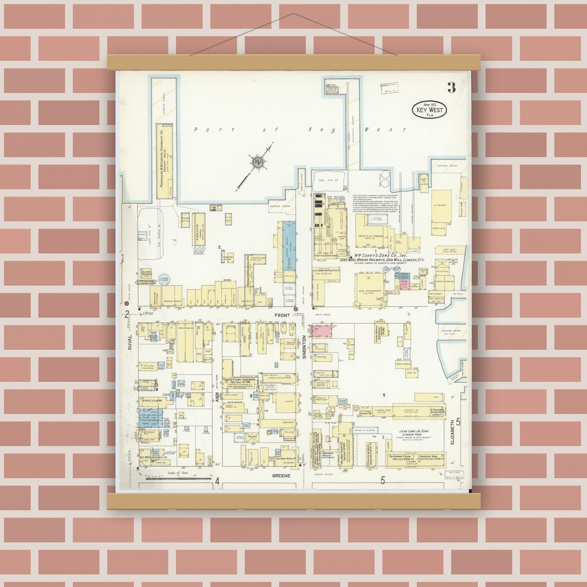 Old map wall art mockup — magnetic wood frame on brick wall — Sanborn Fire Insurance Map from Key West, Monroe County, Florida (1912), Sheet #0003