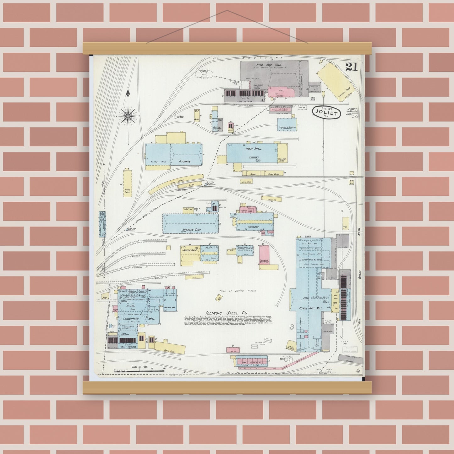 Old map wall art mockup — magnetic wood frame on brick wall — Sanborn Fire Insurance Map from Joliet, Will County, Illinois (1891), Sheet #0021