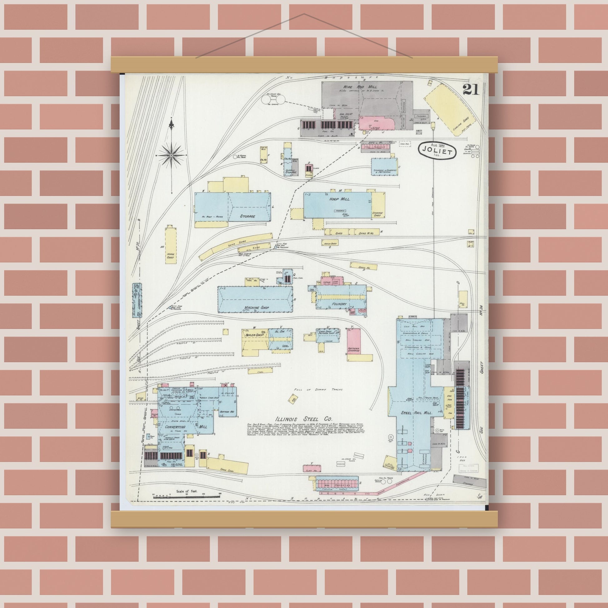 Old map wall art mockup — magnetic wood frame on brick wall — Sanborn Fire Insurance Map from Joliet, Will County, Illinois (1891), Sheet #0021