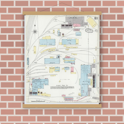 Old map wall art mockup — magnetic wood frame on brick wall — Sanborn Fire Insurance Map from Joliet, Will County, Illinois (1891), Sheet #0021