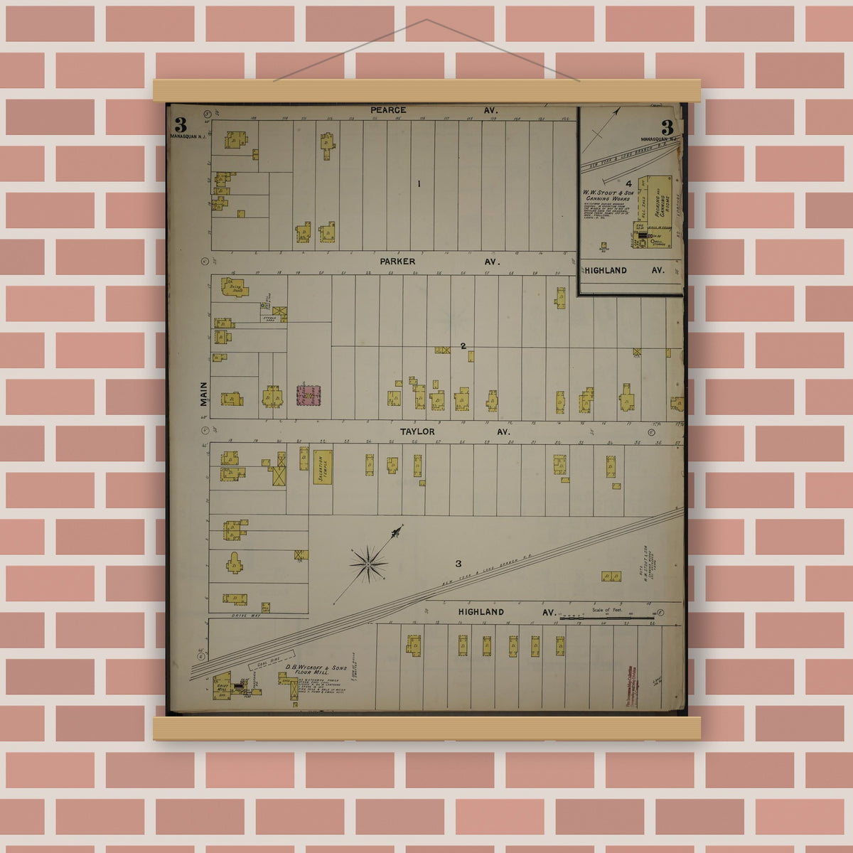 Old map wall art mockup — magnetic wood frame on brick wall — Sanborn Fire Insurance Map from New Jersey Coast, New Jersey Coast, New Jersey (1890), Sheet #0003
