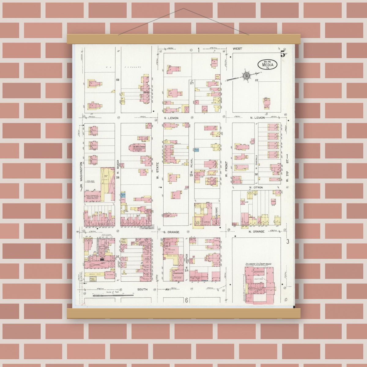 Old map wall art mockup — magnetic wood frame on brick wall — Sanborn Fire Insurance Map from Media, Delaware County, Pennsylvania (1912), Sheet #0005