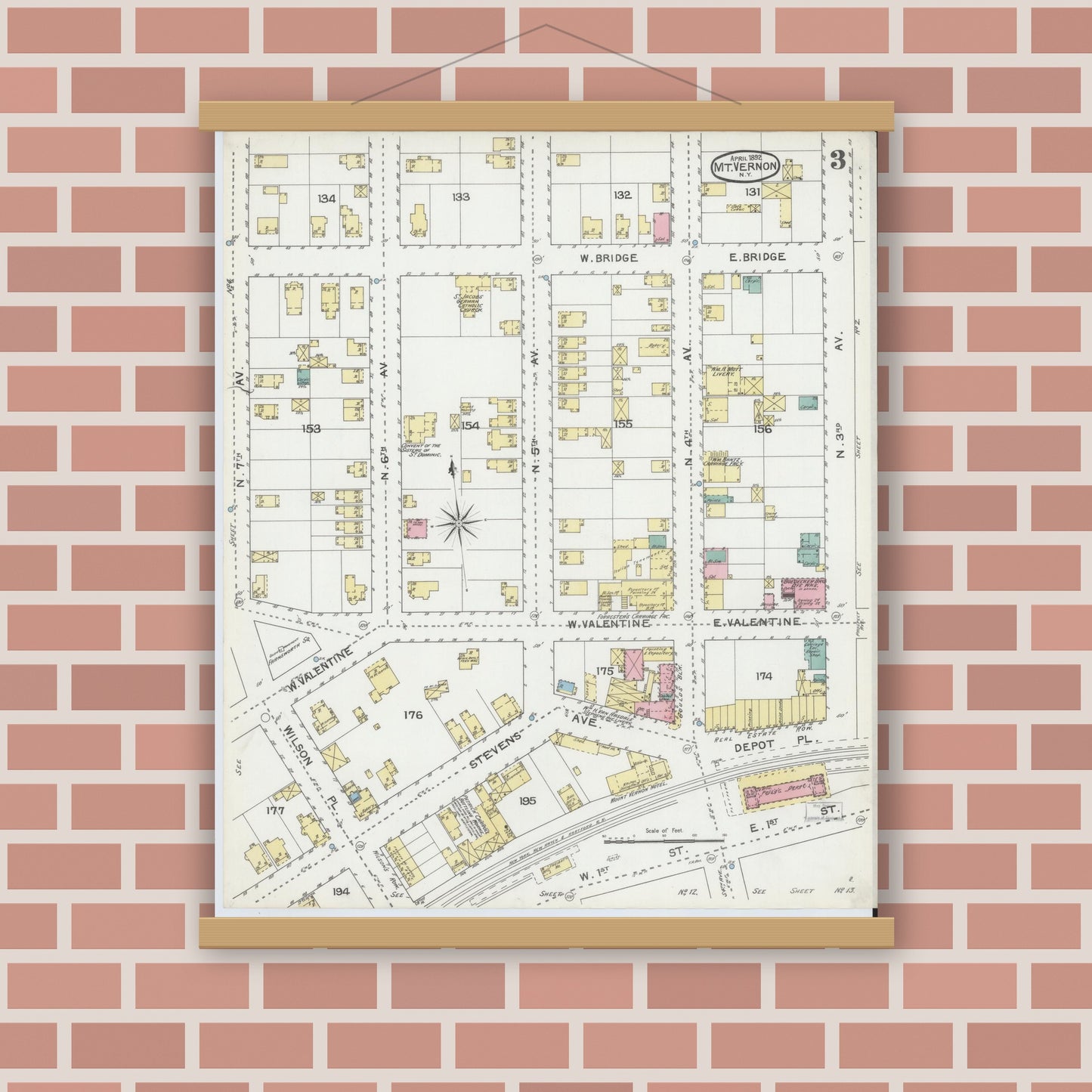 Old map wall art mockup — magnetic wood frame on brick wall — Sanborn Fire Insurance Map from Mount Vernon, Westchester County, New York (1892), Sheet #0003