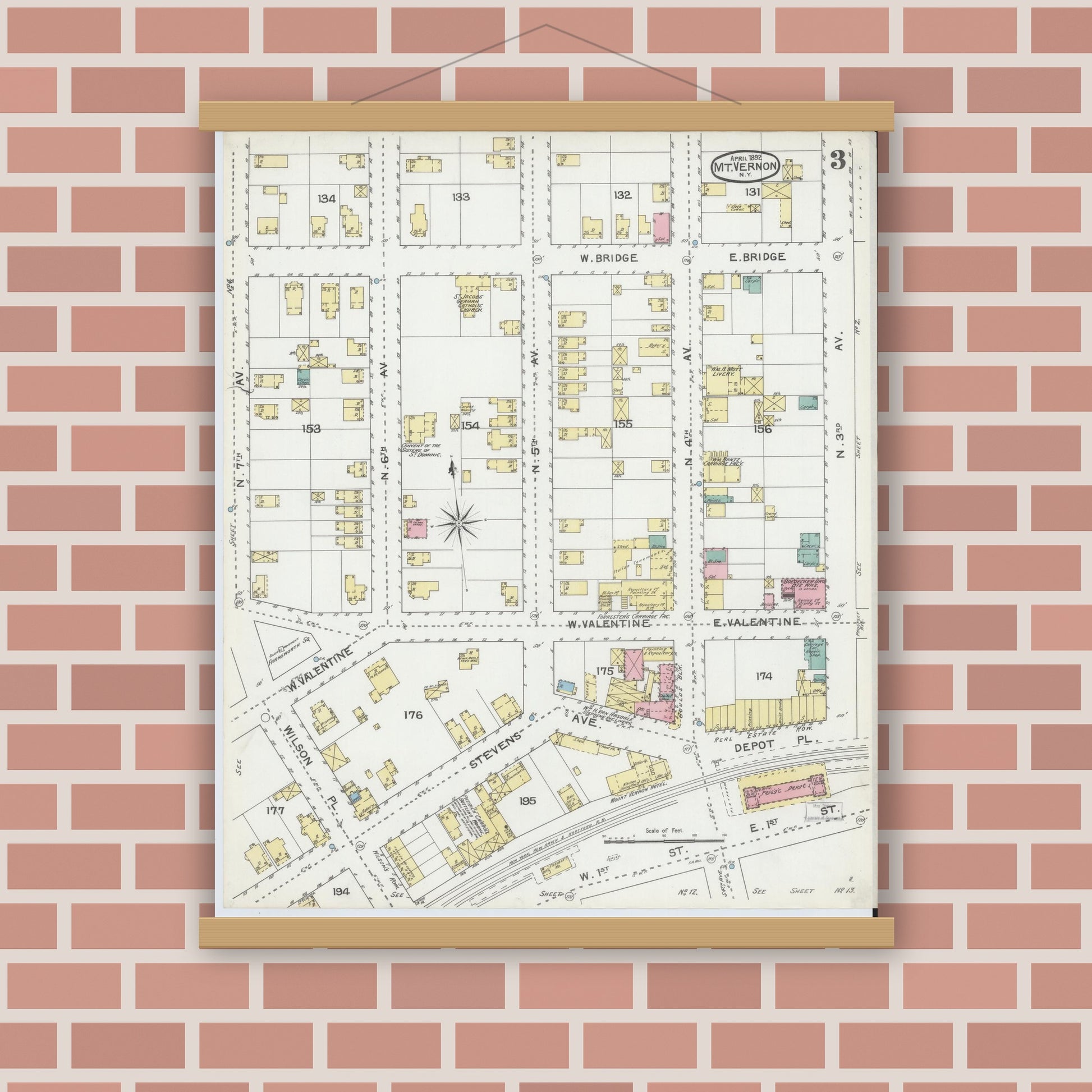 Old map wall art mockup — magnetic wood frame on brick wall — Sanborn Fire Insurance Map from Mount Vernon, Westchester County, New York (1892), Sheet #0003