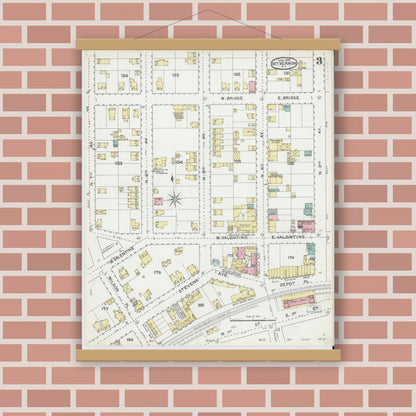 Old map wall art mockup — magnetic wood frame on brick wall — Sanborn Fire Insurance Map from Mount Vernon, Westchester County, New York (1892), Sheet #0003