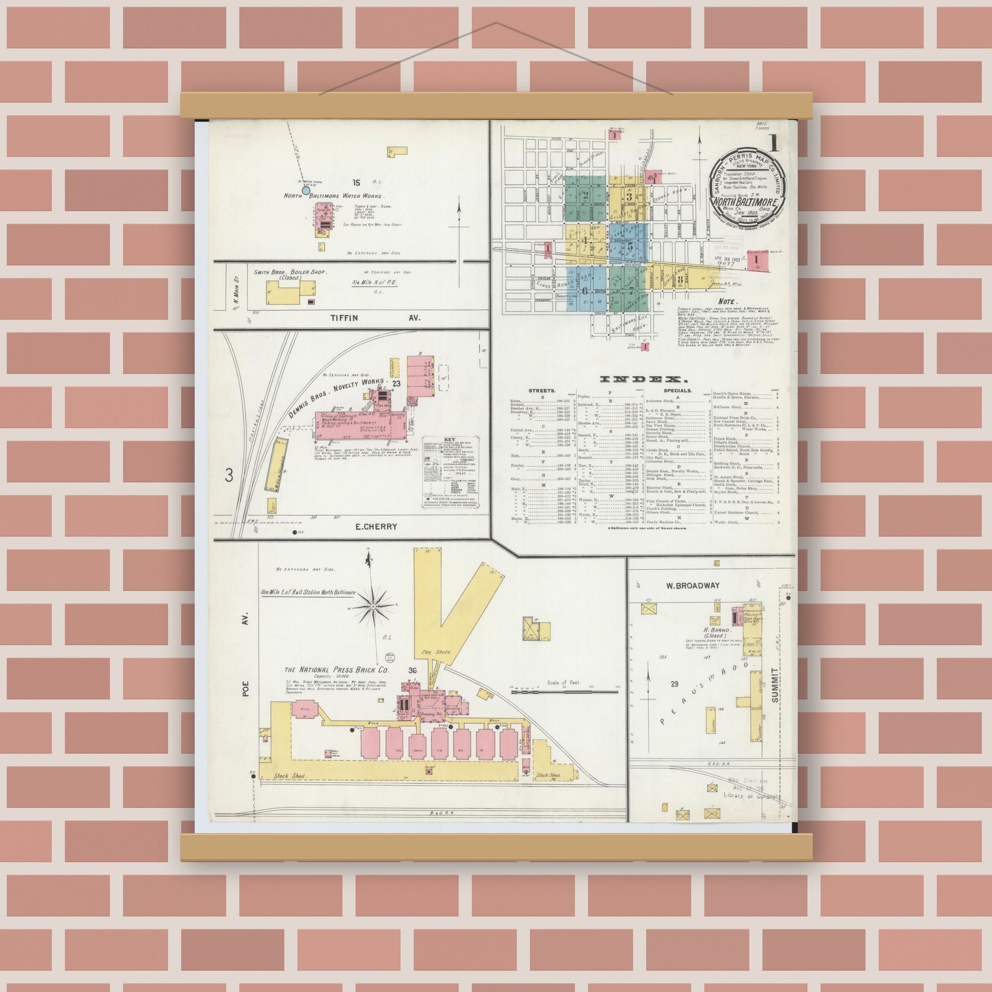 Old map wall art mockup — magnetic wood frame on brick wall — Sanborn Fire Insurance Map from North Baltimore, Wood County, Ohio (1900) - Complete Map Set