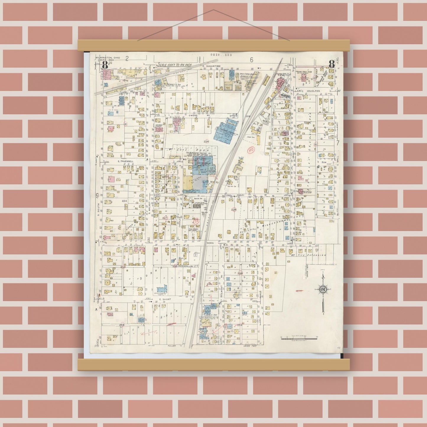 Old map wall art mockup — magnetic wood frame on brick wall — Sanborn Fire Insurance Map from Wilmington, Clinton County, Ohio (1949), Sheet #0008