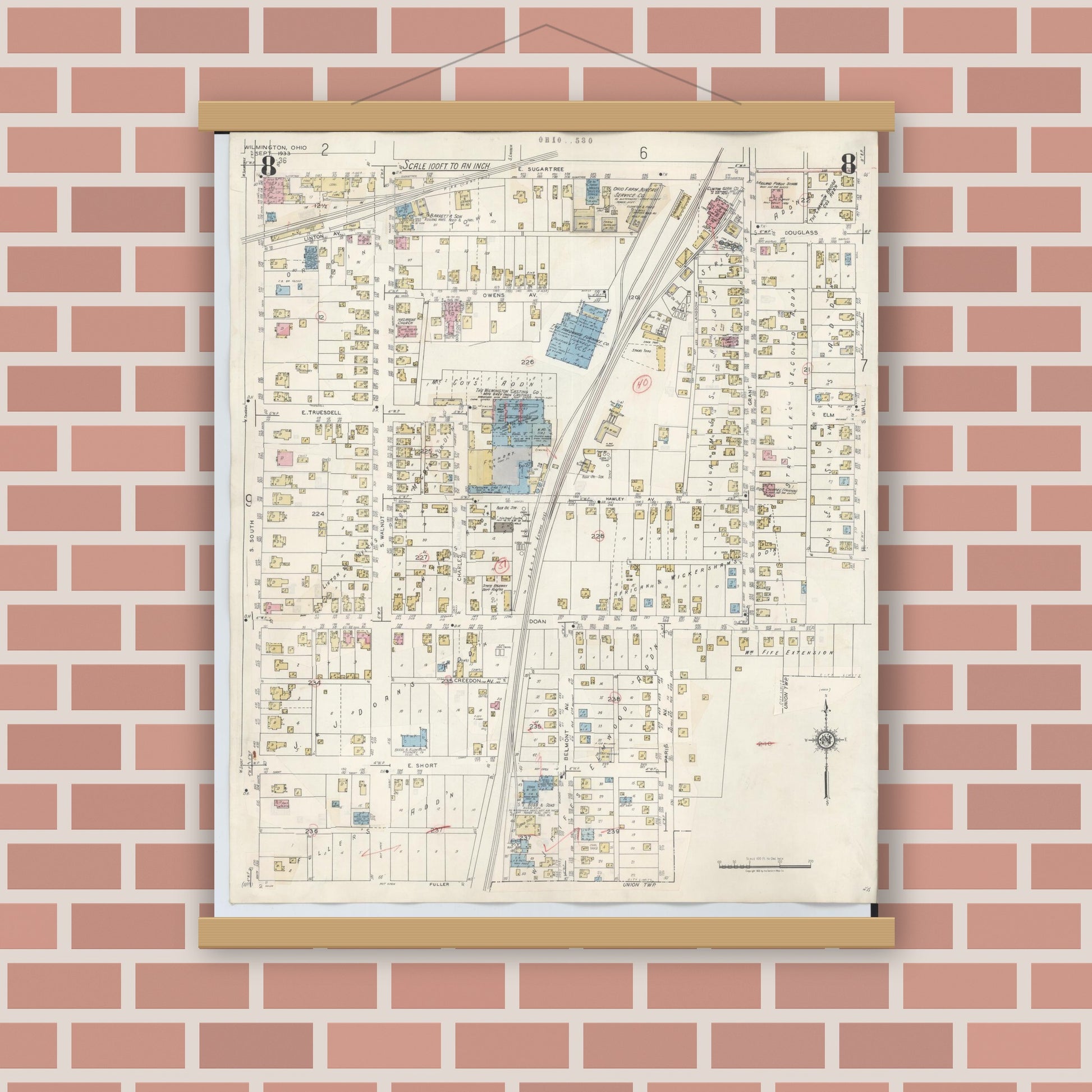 Old map wall art mockup — magnetic wood frame on brick wall — Sanborn Fire Insurance Map from Wilmington, Clinton County, Ohio (1949), Sheet #0008