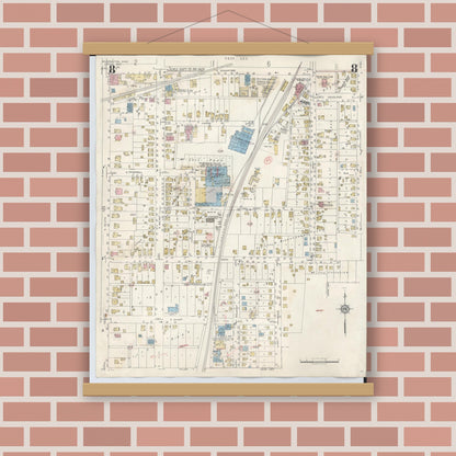 Old map wall art mockup — magnetic wood frame on brick wall — Sanborn Fire Insurance Map from Wilmington, Clinton County, Ohio (1949), Sheet #0008