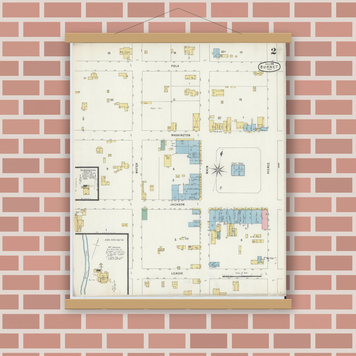 Old map wall art mockup — magnetic wood frame on brick wall — Sanborn Fire Insurance Map from Burnet, Burnet County, Texas (1896), Sheet #0002